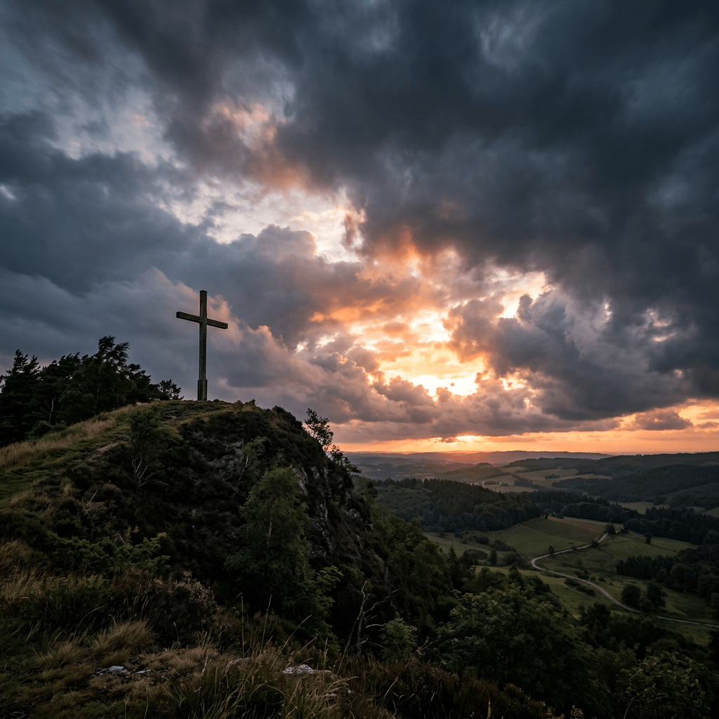 A hilltop cross silhouetted against a fiery sunset with dark clouds and a green valley below.