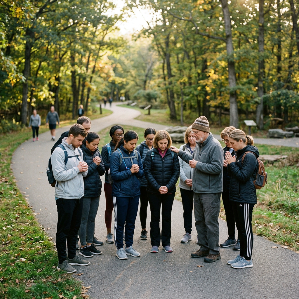 Group of people standing in a circle with heads bowed and hands clasped on a forest path